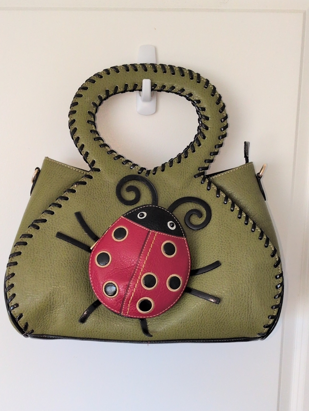 Olive Green Handbag with Red Ladybug Applique